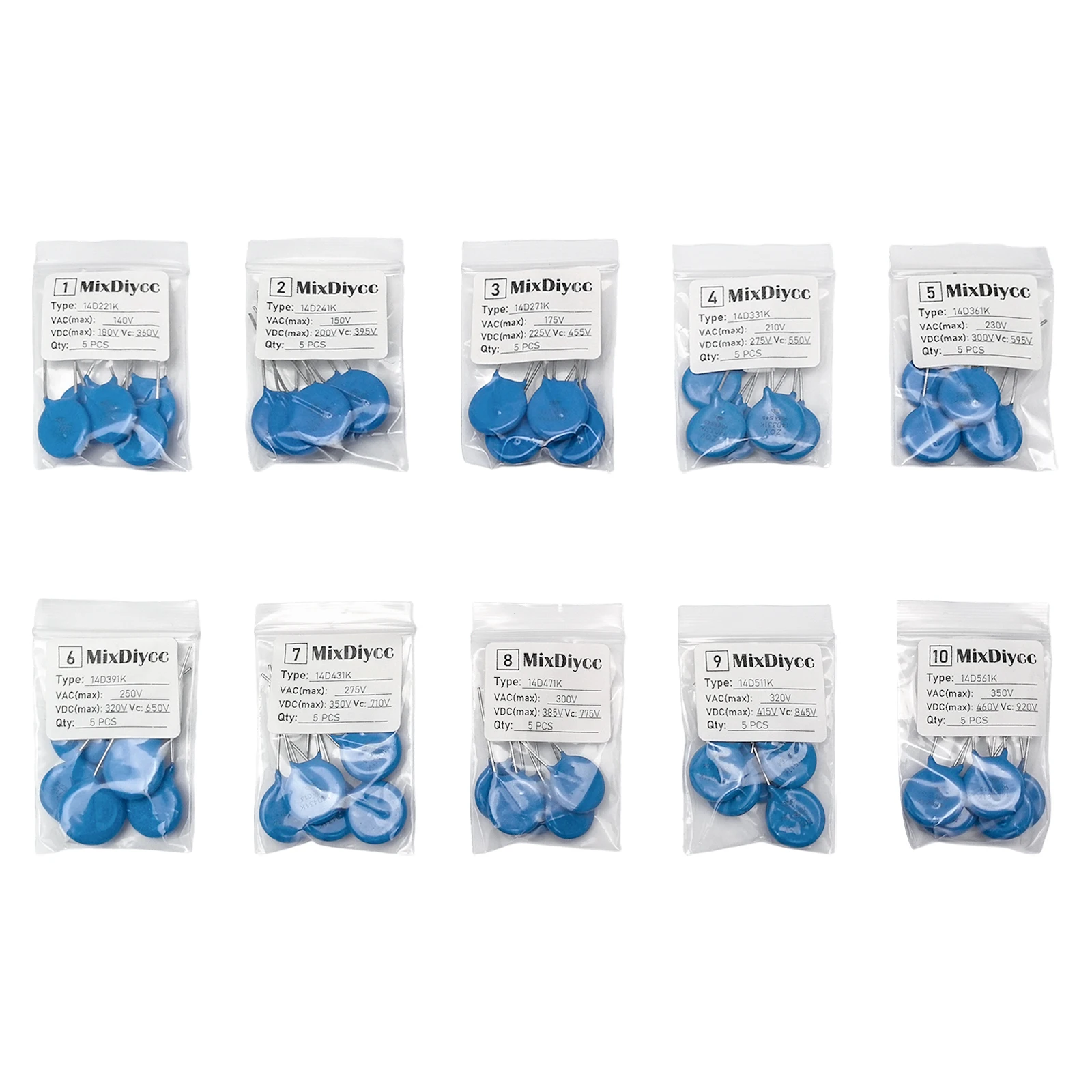 10 Values 14D Varistor Kit piezoresistor resistor VDR 221K/241K/271K/331K/361K/391K/431K/471K/511K/561K Total 50 Pcs
