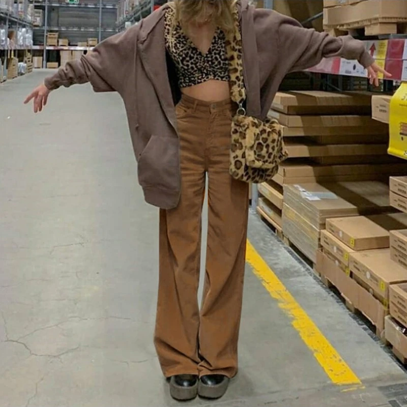 2024 Autumn and Winter New Style Fashion Simple Fallow Corduroy Floor-length Pants Droop Wide Leg Pants Casual Pants