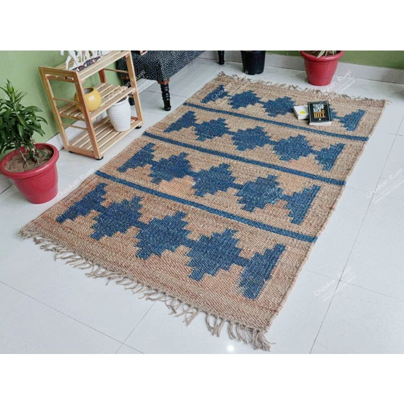 Handwoven Beige Hemp Jute Rug & Blue Design Rug with Fringes Jute Rug Decor Room