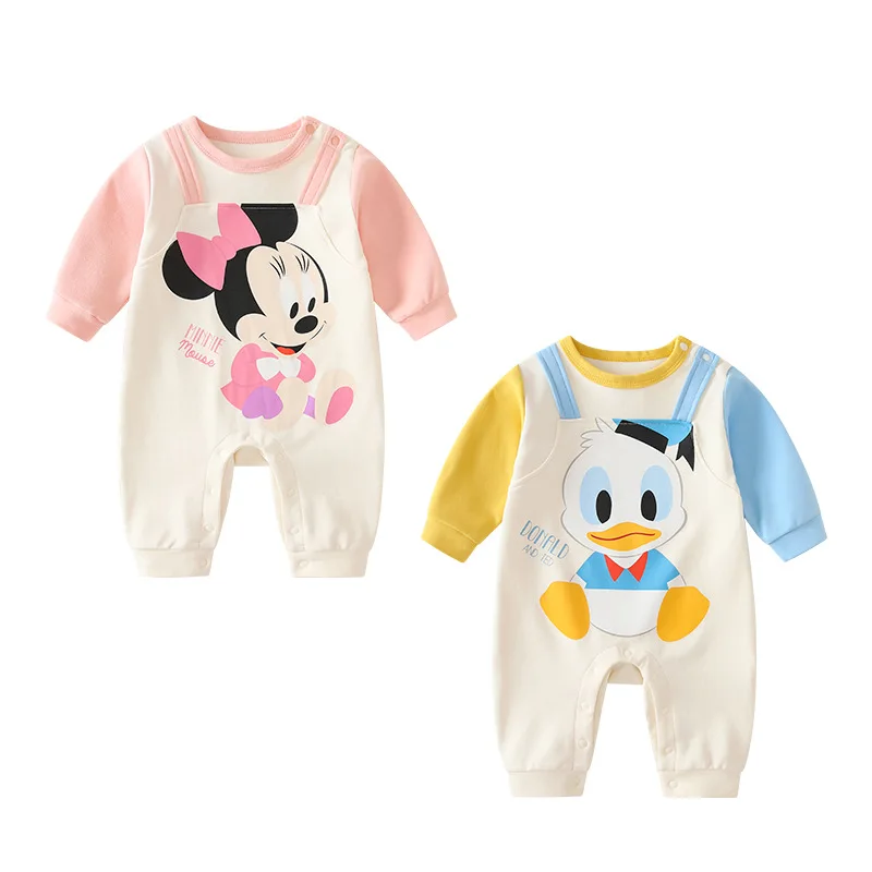 

MINISO Minnie Donald Duck Baby Boys Girls Spring Color Block Onesie Cotton Jumpsuit Kawaii Infant Clothes 0-12 Months Bodysuits