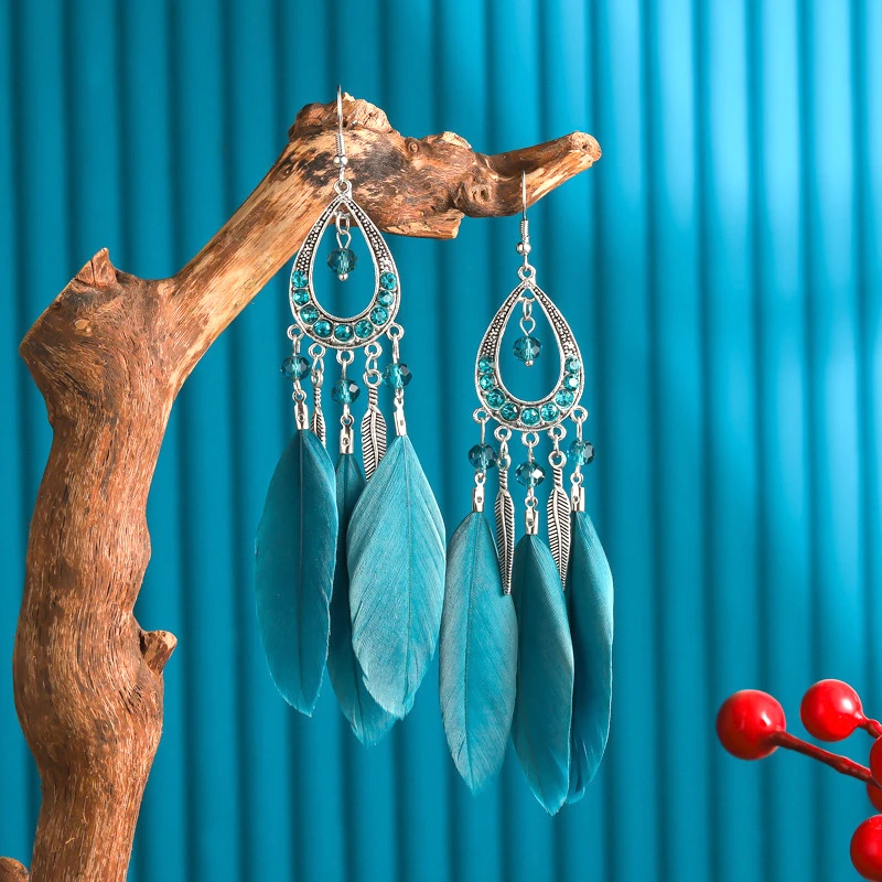 New Vintage Rhinestone Feather Tassel Earrings Ethnic Long Beads Alloy Leaf Earrings Bijoux Femme Wedding Boheme