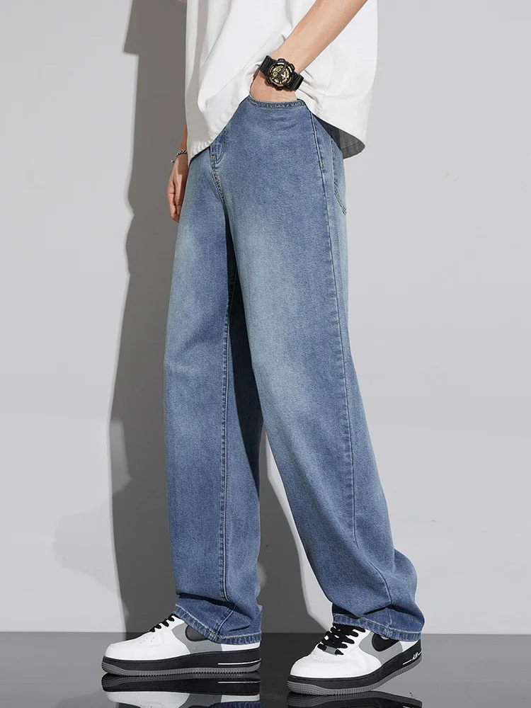 Nieuwe zomer ultradunne Lyocell herenjeans zacht draperen losse comfortabele wijde pijpen ijszijde broek retro elastische casual broek