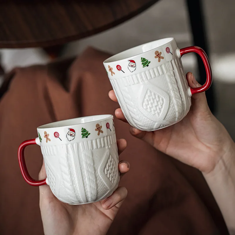 2Pcs/Set 12oz Ceramic Espresso Cups Porcelain Coffee Mugs Set for Tea Latte Cafe Mocha Couple Cozy Sweater Cups Christmas Gift