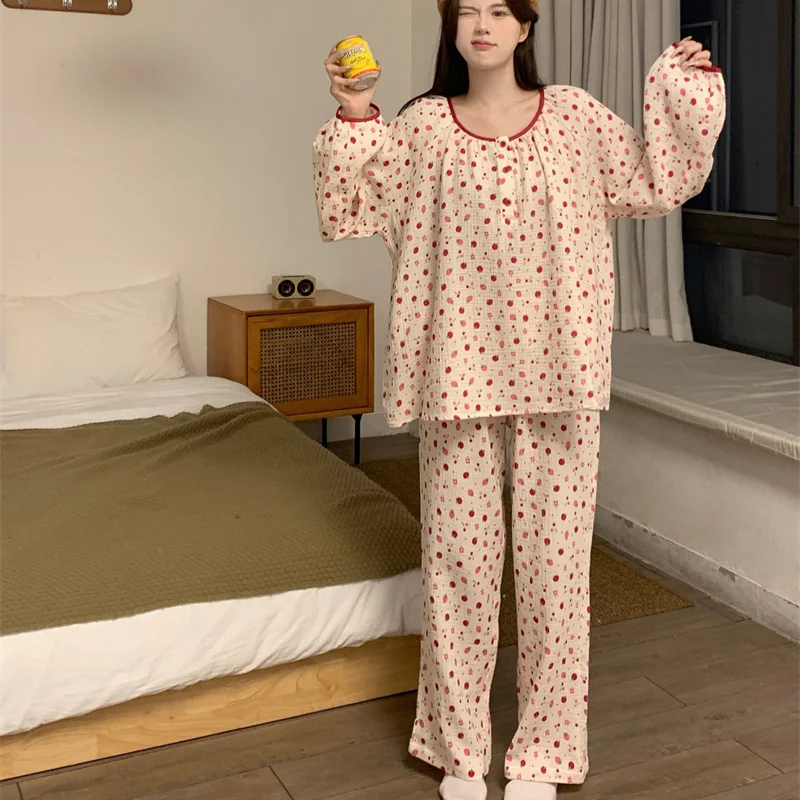 Pajama Sets Strawberry Printed Sleepwear Loose Casual Long Sleeve Sweet Pants Loungewear Summer Fashion Tender Pijamaa Mujer