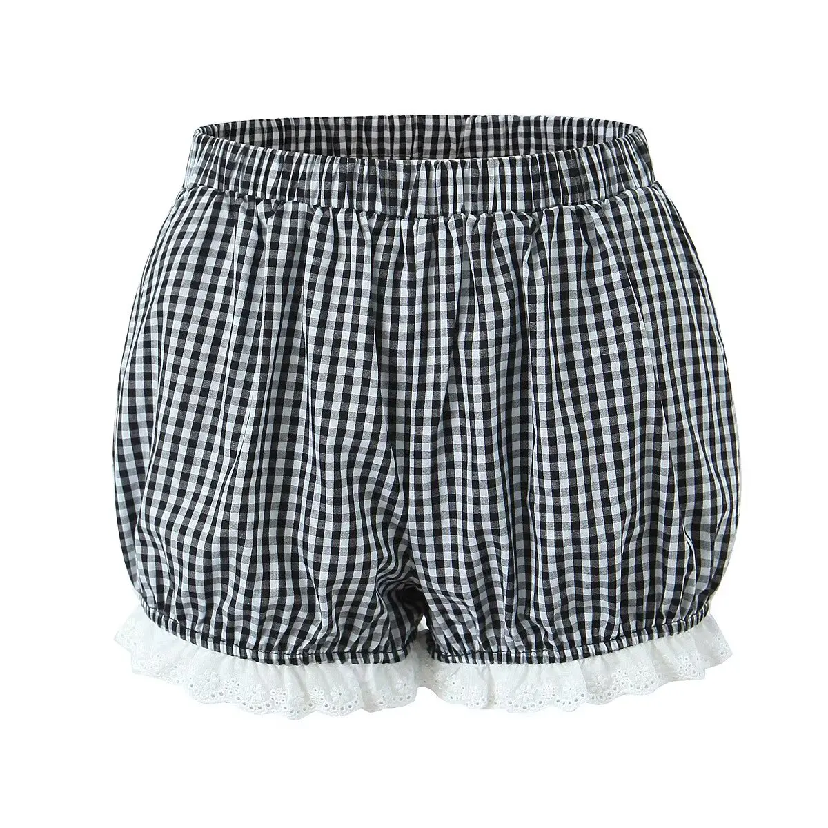 Celana Wanita Motif Kotak-kotak dengan Renda di Pinggang, Model Baru Musim Semi, Kasual, Pinggang Sedang, Bahan Poliester, untuk Musim Panas