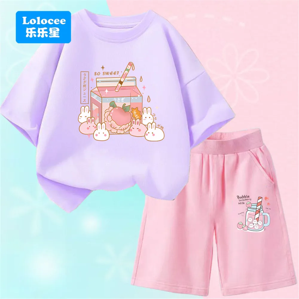 

Summer Kids Outfit Set Two-piece Peach Juice & Bunny Printed Fashionable Girl T-shirt+black/pink Shorts Girls' Suits YLZH1