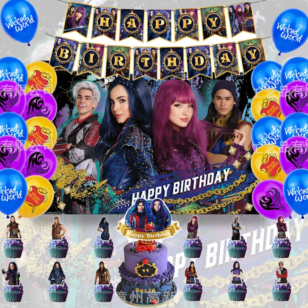 

Disney Descendants 2 Theme Party Decoration Mal Carlos Evie Jay Backdrop Birthday Party Balloon Cake Topper Baby Shower Supplies