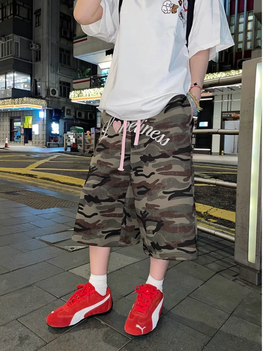 

American Street Sle Camouflage Letter Embroidery orts Men's Summer Trendy High Street Loose Sports Seven-Five Pants