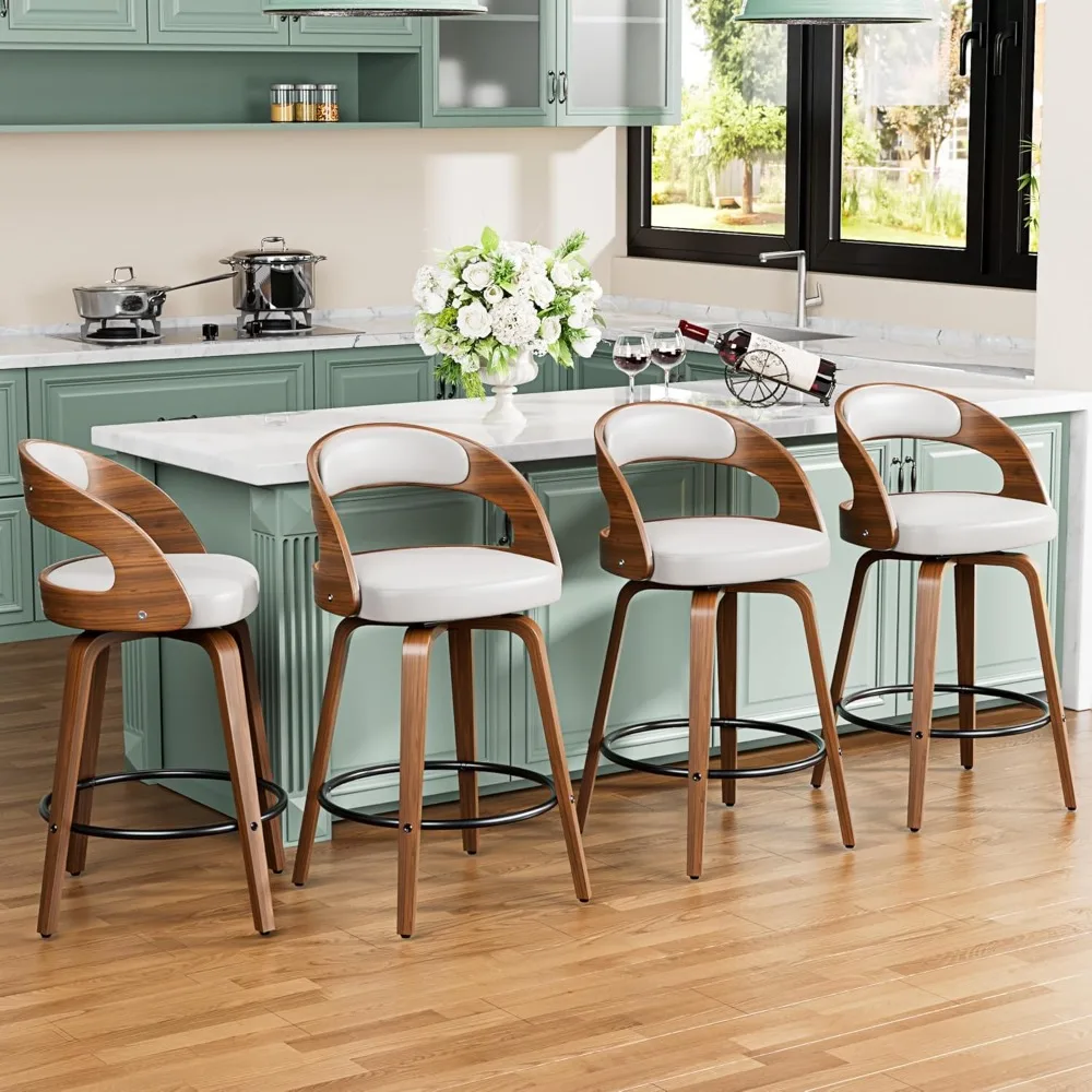 

Bar Stools Set of 4, 26" Counter Height Barstools with Bentwood Legs, Swivel Counter Stools with Back, Mid Century Modern Faux L