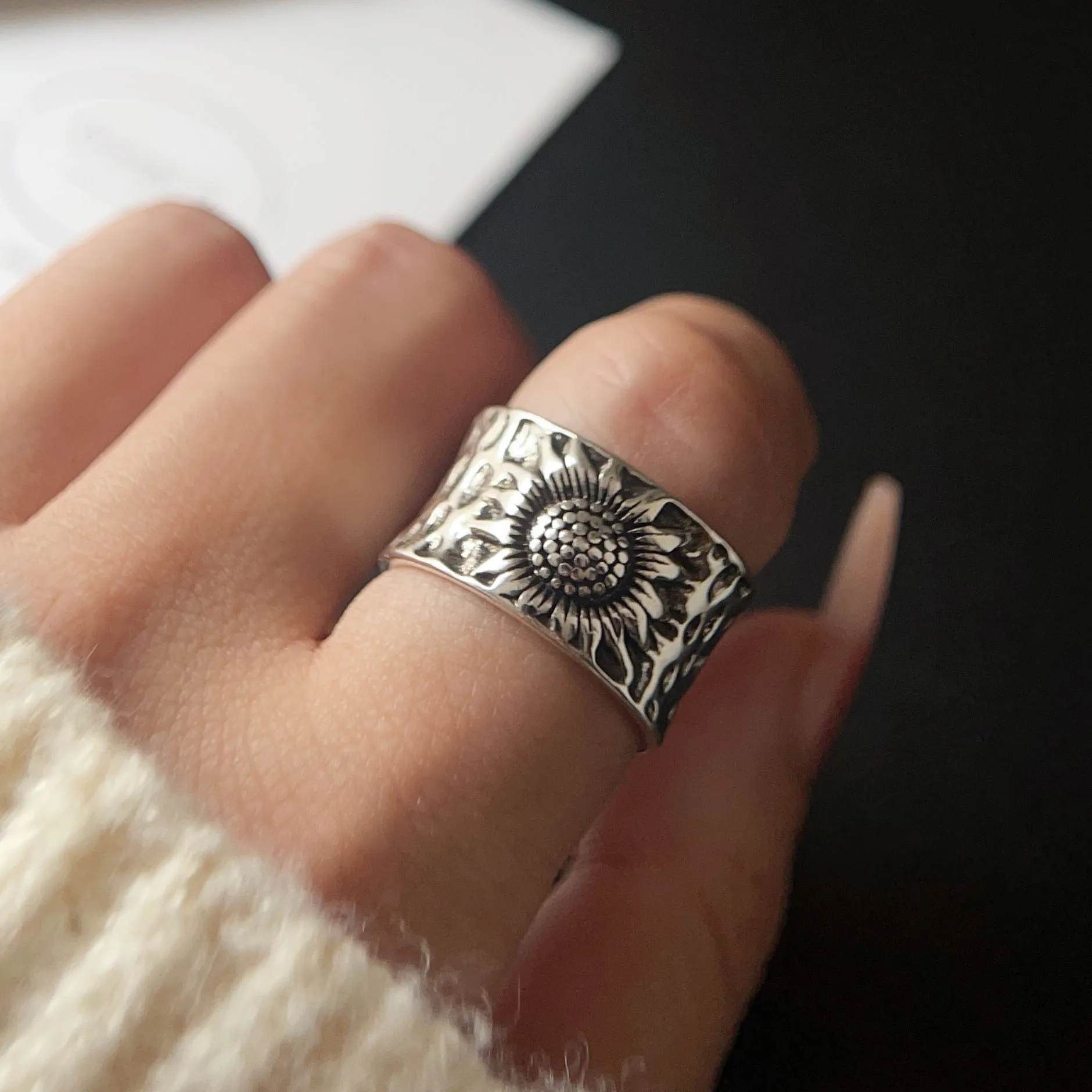 Women's 925 Sterling Silver Adjustable Vintage Flower Ring