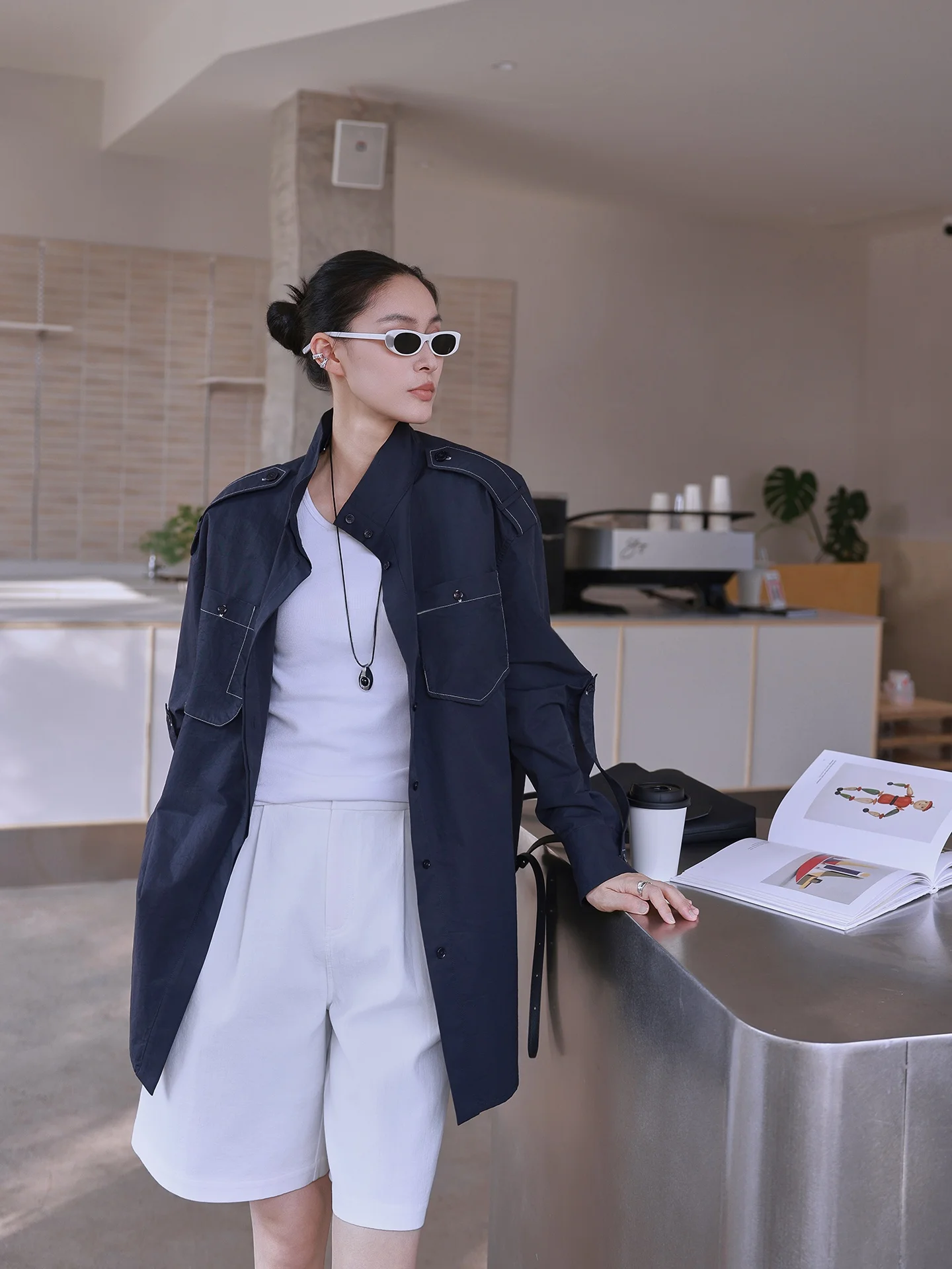 

JIEJI Zhang Spring New Loose Fit Casual irt Women's Long Sve Stand Collar Patchwork Mixed Design Deep Blue Outerwear