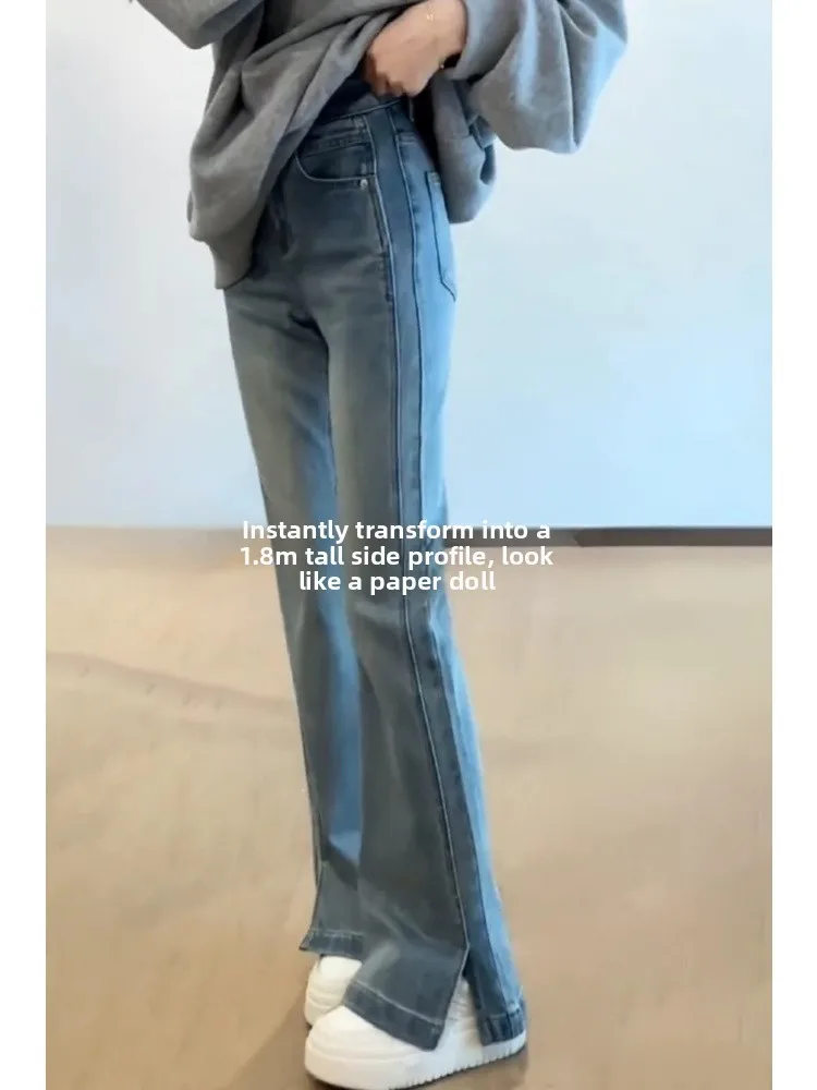 الضوء الأزرق عالية الخصر بسط الدينيم السراويل النسائية ربيع الخريف جديد Sle حجم كبير متوهج الطابق طول السراويل #3