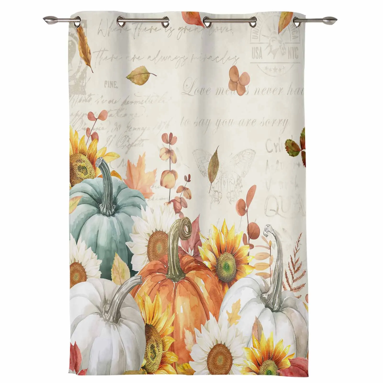 Thanksgiving Eucalyptus Leaf Pumpkin Vintage Letter Window Curtains for Living Room Bedroom Curtain Home Decor Balcony Drapes