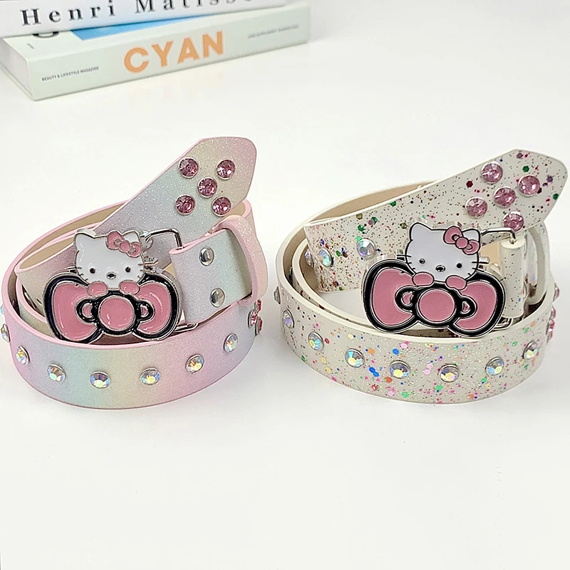 Y2K Hello Kitty Full Inlaid Rhinestone Belt Kawaii Stereoscopic Bow Gradient Color Scheme Women'S Skirt Jeans Accessories