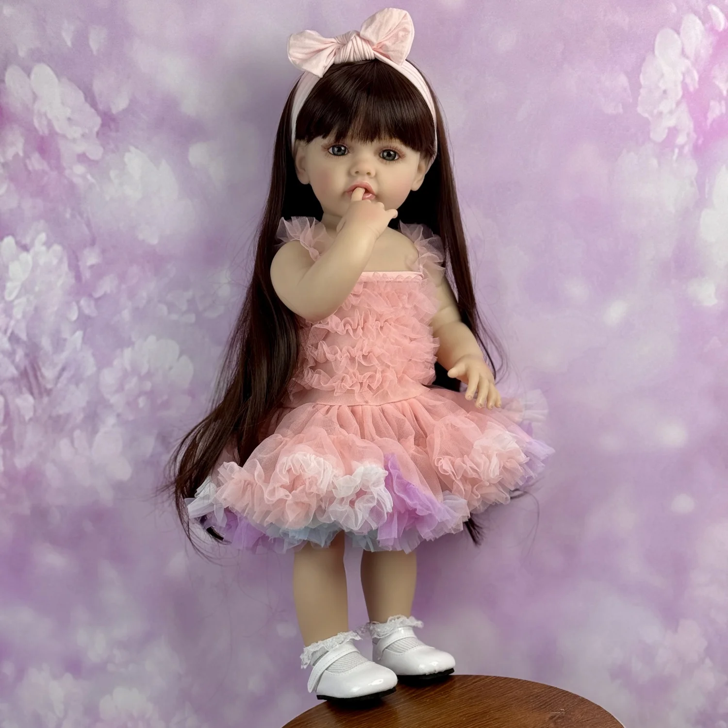 

55 CM Full Vinyl Body Reborn Baby Doll Toy For Girl Dress Up Long Hair Princess Toddler Lifelike Lovely Birthday Gift Bath Toy