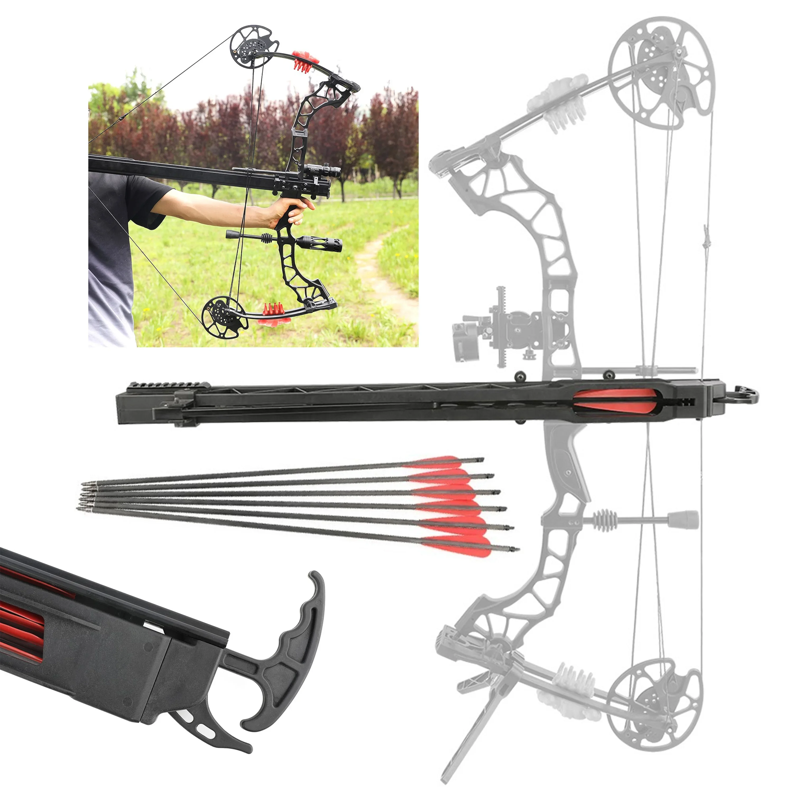 Archery Bow Rapid Launcher Orbital Arrow Shooter Holds 6 Carbon Arrows Durable Compound Bow Accessory for Adult Outdoor Hunting Target Shooting Training Sports Gear