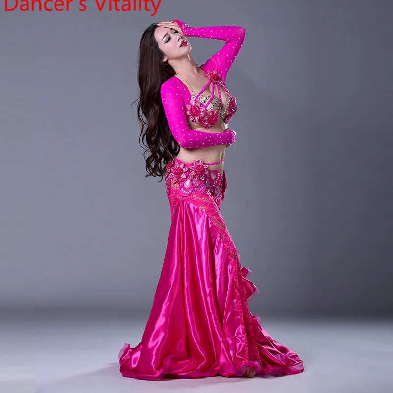 NEW stage Luxury Girls Belly Dance Costumes Long Sleeves Bra+Lace Skirt 2pcs Belly Dance Suit Women Ballroom Dance Set