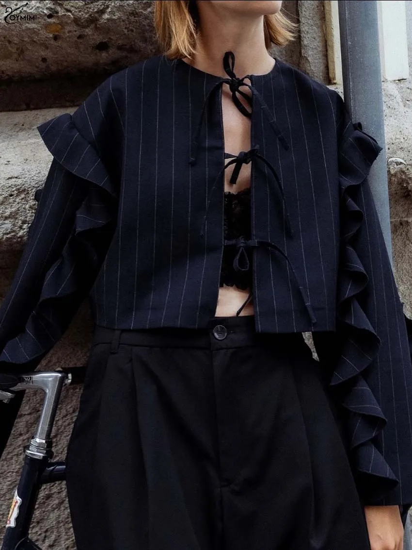 Oymimi Fashion Dark Blue Print Woman Blouses Autumn O-Neck Long Sleeve Lace-Up Blouses Casual Ruffled Crop Shirts Streetwear