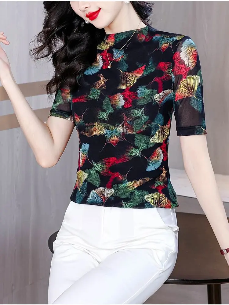 Women T-shirt Slim Half Sleeve Spring Summer Clothes Tops Woman High Stretch Floral Tee Shirt