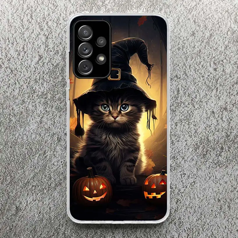 Schwarzes Kätzchen Halloween Kürbis Handy hülle für Samsung Galaxy A14 A54 A13 A53 A12 A52S A24 A34 A23 A33 A22 A32 A04s A03s A02s A72