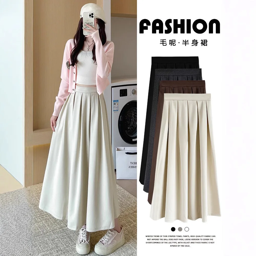 Woolen pleated midi skirt 2025 autumn and winter new item plus size high waist slimming A-line midi skirt