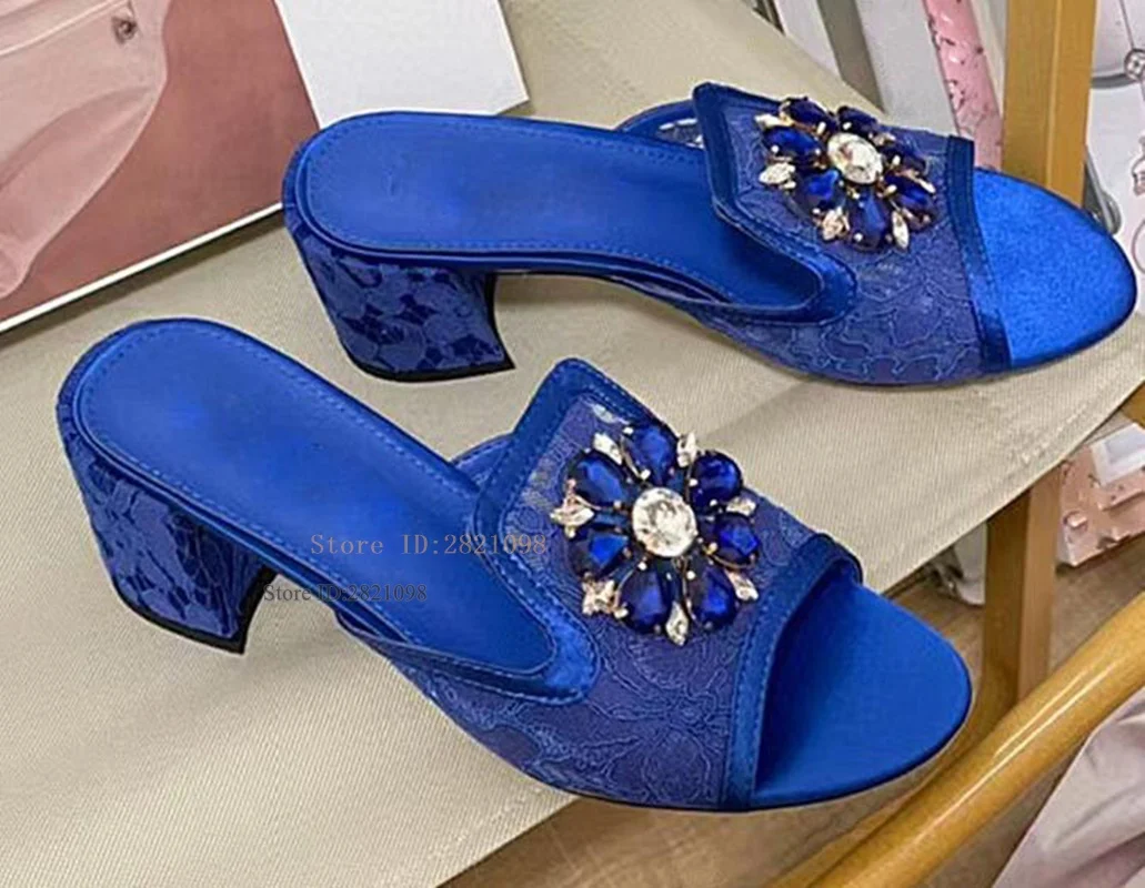 Lace Slip On Mules Chunky Heeled High Heel Sandals Woman Big Crystal Flower Heels Summer Shoes Slippers