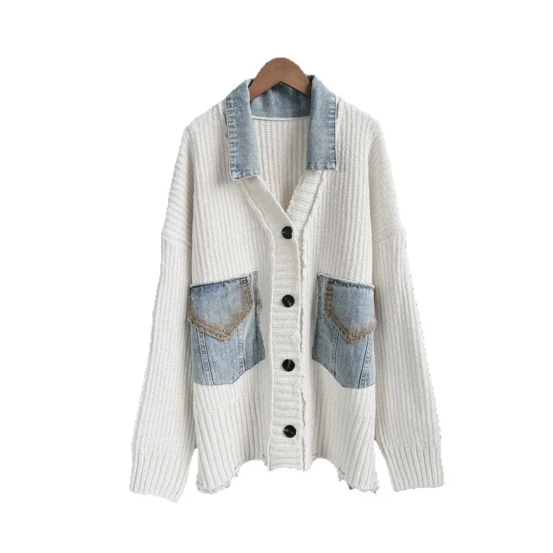 Coats Women Cardigan Sweaters Full Sleeve Jumpers Y2k Streetwear Elegant Splice Denim Open Stith Casual Loose Autumn Winter