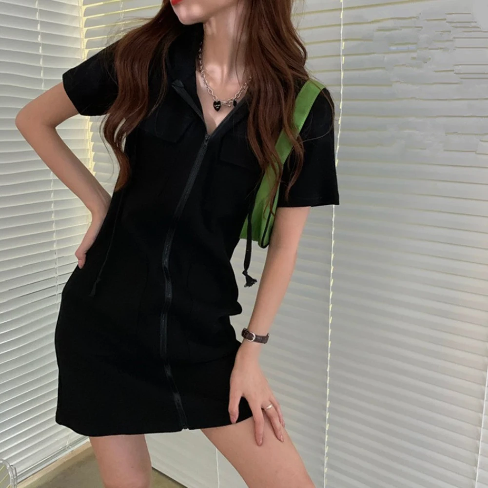 Dresses Women Casual Cotton Hooded Front Zip Fly Drawstring Pockets Short Sleeve Mini Dress Slim Fit Sports Style Bodycon Dress