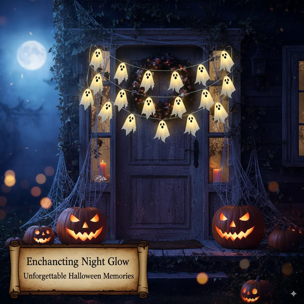 

Spooky Halloween Ghost Lights LED String 8 Modes Waterproof Indoor Outdoor Haunted House Fireplace Porch Party Decor