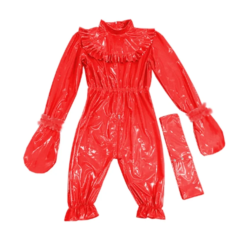 

100% Latex Natural Rubber Catsuit Cosplay Gummi Bodysuit Masquerade Ruffled Trim Jumpsuit with Belt 0.4MM