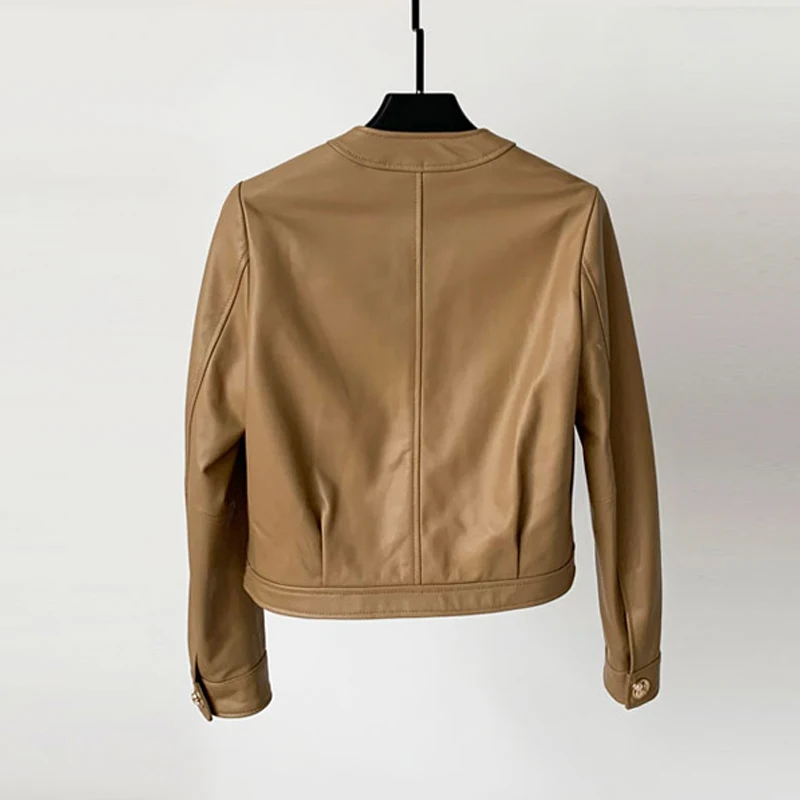 Giacche corte con scollo a V da donna in pelle di pecora al 100% 2025 Cappotti in vera pelle a maniche lunghe monopetto da donna a vita alta