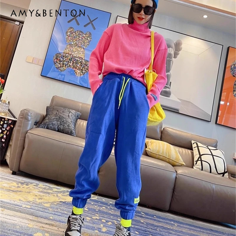 Winter losse pasvorm veelzijdige jogger hoge taille afslankende lange broek puur katoen fleece gevoerde verdikte trekkoord sport joggingbroek