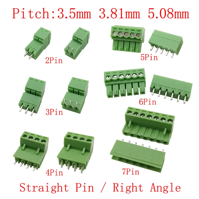 3.5mm / 3.81mm / 5.08mm Pitch PCB Screw Terminal Block 2/3/4/5/6/7 Pin Male Female Plug Wire Connector Straight / Right Angle
