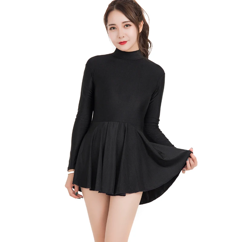 Mulheres manga longa contornado saia de balé profissional elastano collants dança vestido de ginástica unitard bodysuit bodycon zip volta