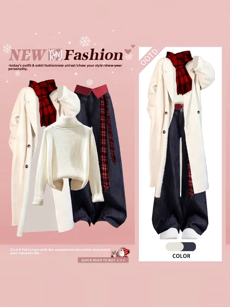 

Зимнее женское двубортное пальто с высоким воротником и широкими джинсами, повседневный свитер средней длины, топ, модная футболка...