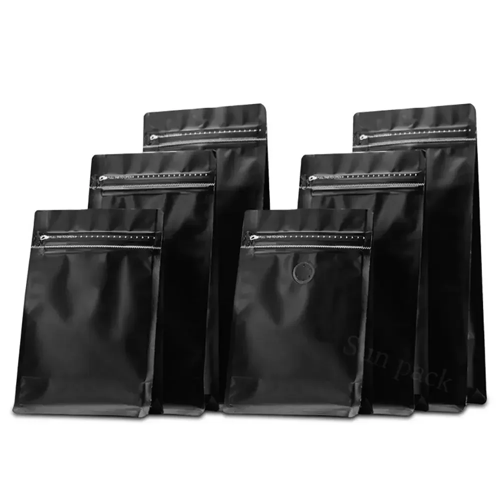 100pcs Matte Black Coffee Bean Powder Packaging Flat Bottom Bag with Valve and Zipper 250g 500g Aluminum Foil Storage Food Bag