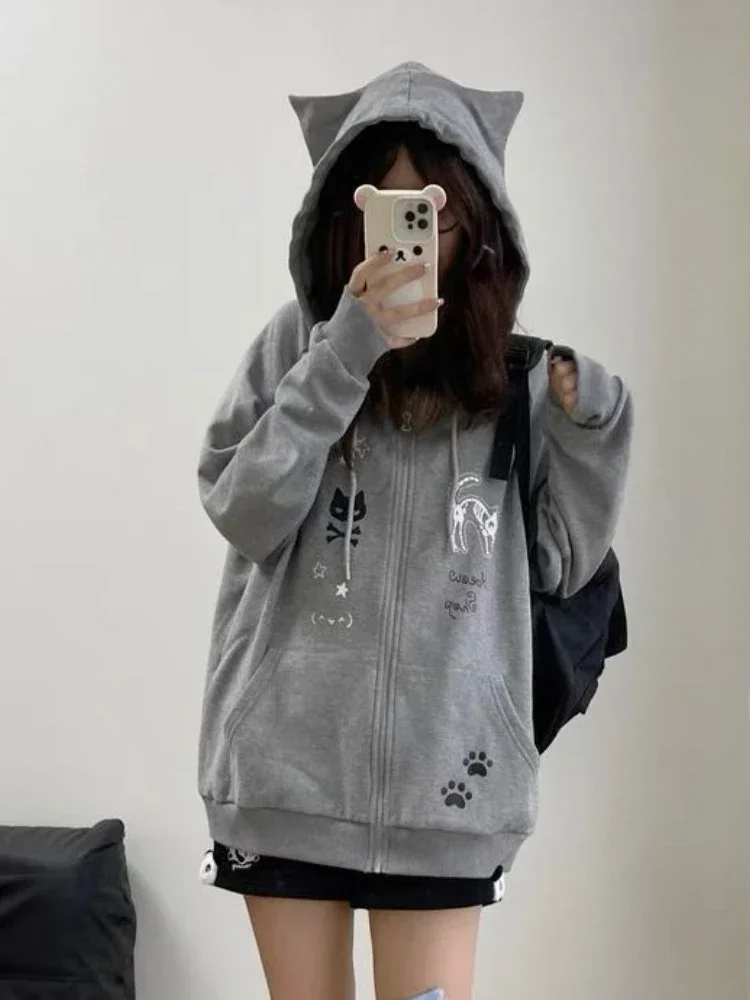 HOUZHOU Kawaii Sweet Gothic Hoodies Women Japanese Style Y2k Harajuku Cute Cartoon Print Zipper Hooded Loose Sweatshirt New