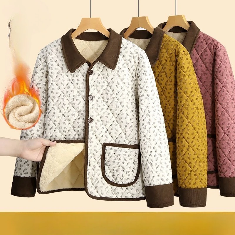 Fleece Lining Cotton Coat Women Winter Warm Parkas Top Vintage Floral Print Jacket Single-breasted Outerwear Harajuku Jackets