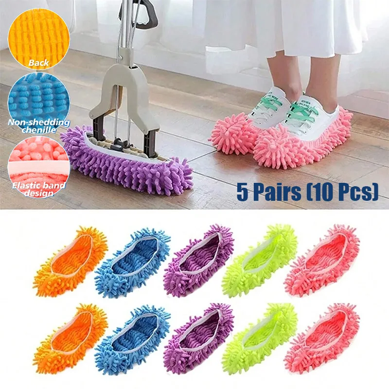 5 Pairs Chenille Dust Mop Slippers Foot Socks Mop Caps Shoe Protection House Floor Cleaning Lazy Shoe Covers Dust Hair Cleaner