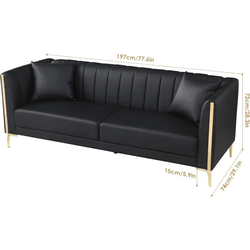 78'' Sofa, with 2 Throw Pillows and Gold Metal Legs, 3 Seater Deep Seat Sofas, Comfy Faux Leather Sofa