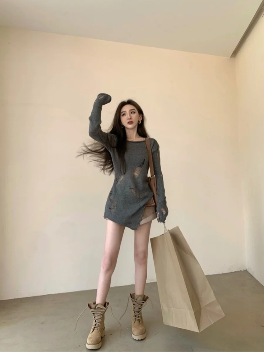 Atasan Rajut Wanita Model Longgar dengan Celana Jeans, Set Dua Potong, Sweater Rajut Panjang Model Longgar