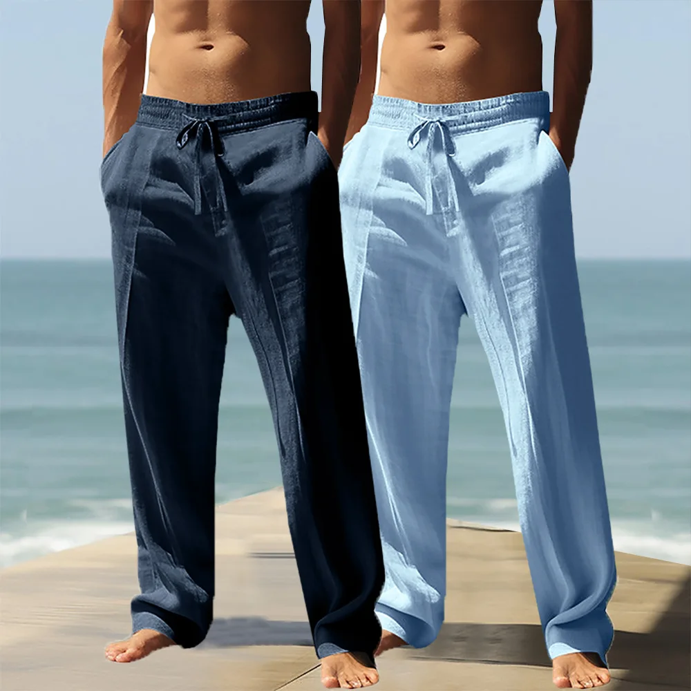 

2-Piece Lightweight Men's Linen Pants Set All-Season Loose Fit Drawstring Straight-Leg Casual Wide-Leg Yoga Pants Large Size