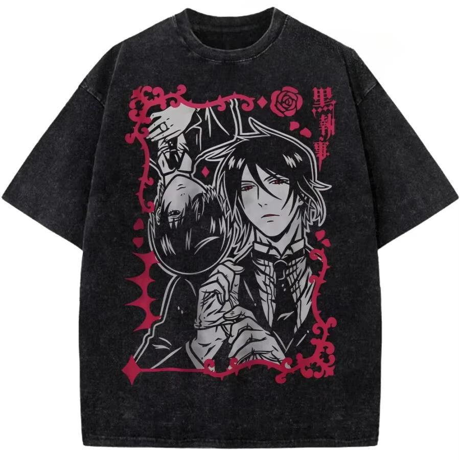 Anime Black Butler Sebastian Ciel Phantomhive Graphic T‑shirt Unisex Retro Washed Cotton Short Sleeve Streetwear Casual Tops