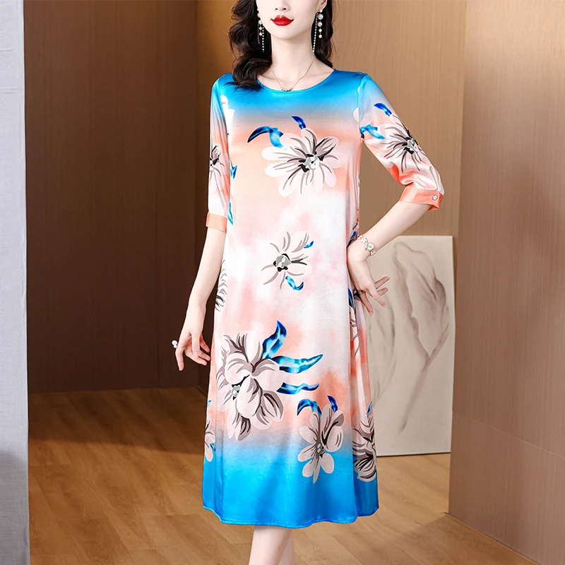 

2023 New Luxury Silk Printed Dress Women's Summer Vintage Round Neck 5/4 Sleeve Loose Fit Casual Holiday Dress Vestidos