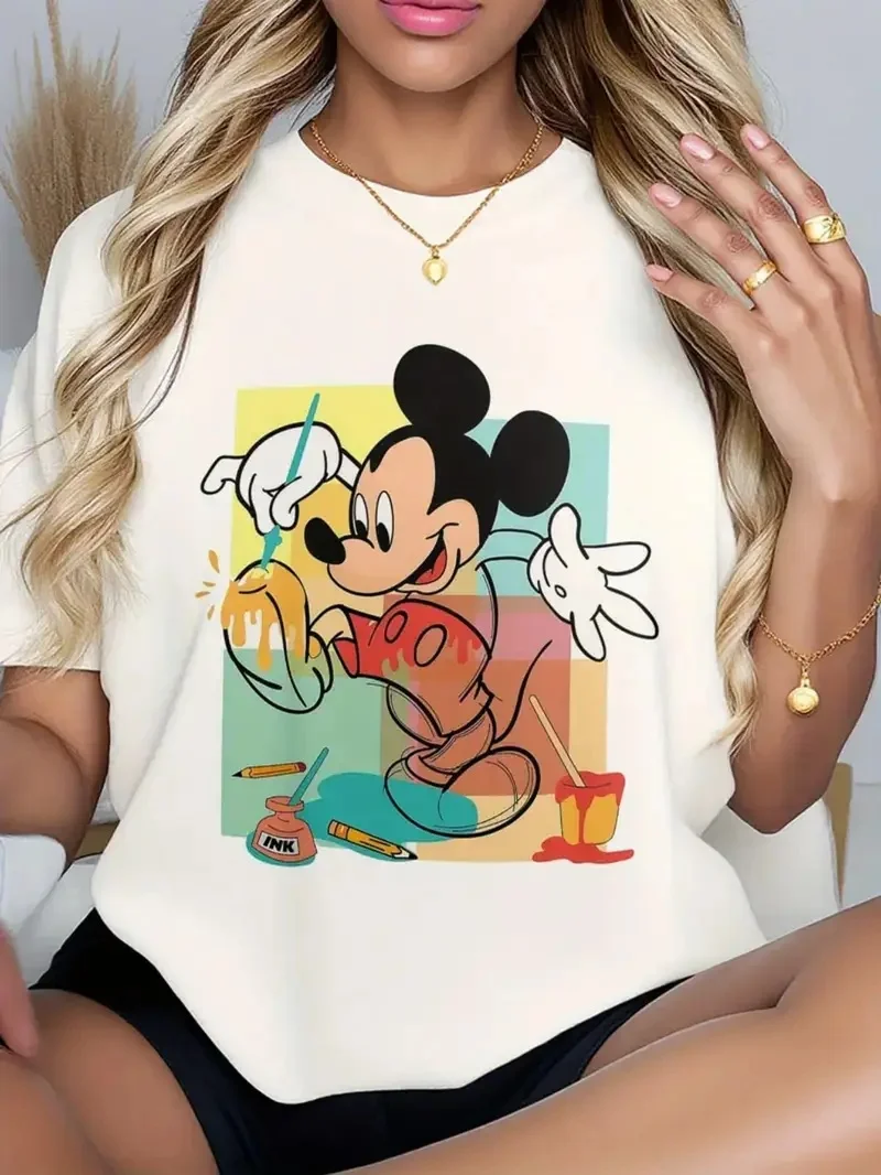 

2025 Disney Pattern Printed Women's Casual Comfortable Unique Smiling Face Black Round Neck Short Sleeve T-shirt