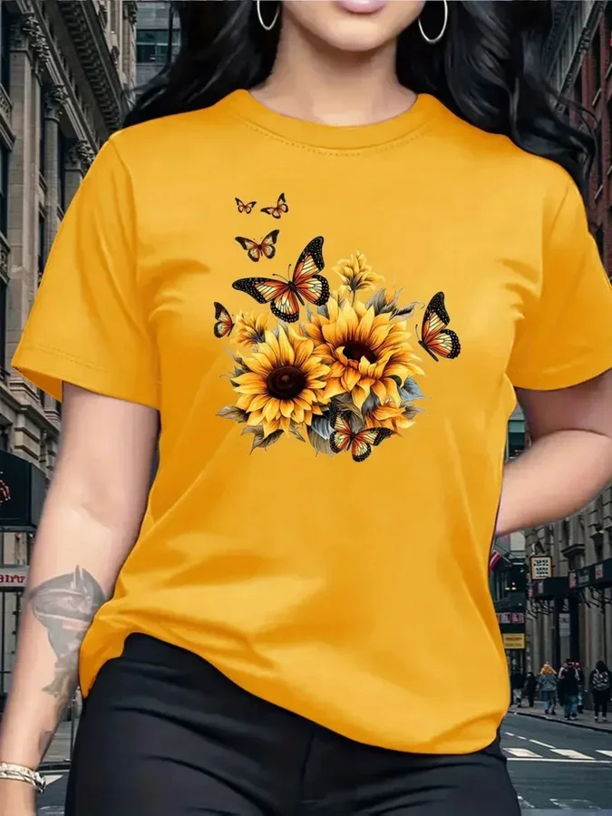 Cottagecore Sunflower Print T Shirt Women Aesthetic Monarch Butterfly Graphic Tees Summer Vintage Casual Mustard Yellow Tops Botanical Clothing