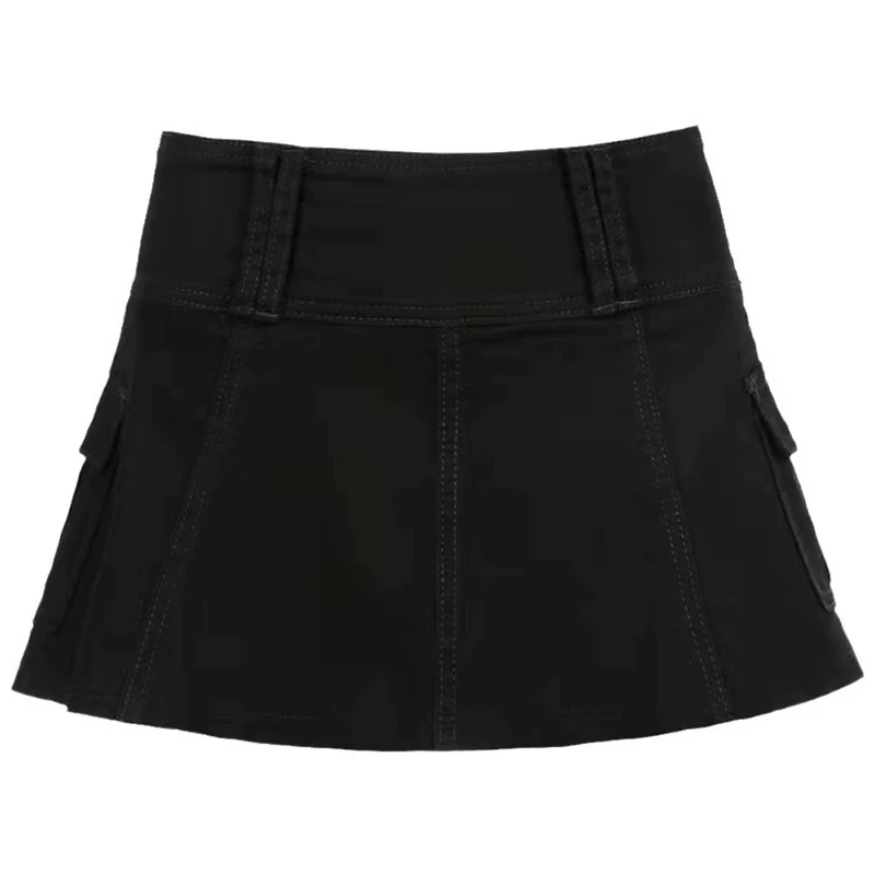 سبايس جيرل الجمالية سليم شخصية الدنيم مطوي تنورة الصيف لطيف موضة الصلبة شخصية منتصف الخصر تنورة ملابس حريمي #6