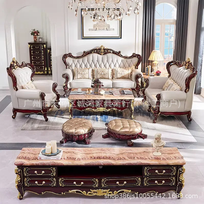 SA-12European-style Sofa Solid Wood Carved Living Room Genuine Leather 123 Combination Classic First-grain Cowhide Furniture Set