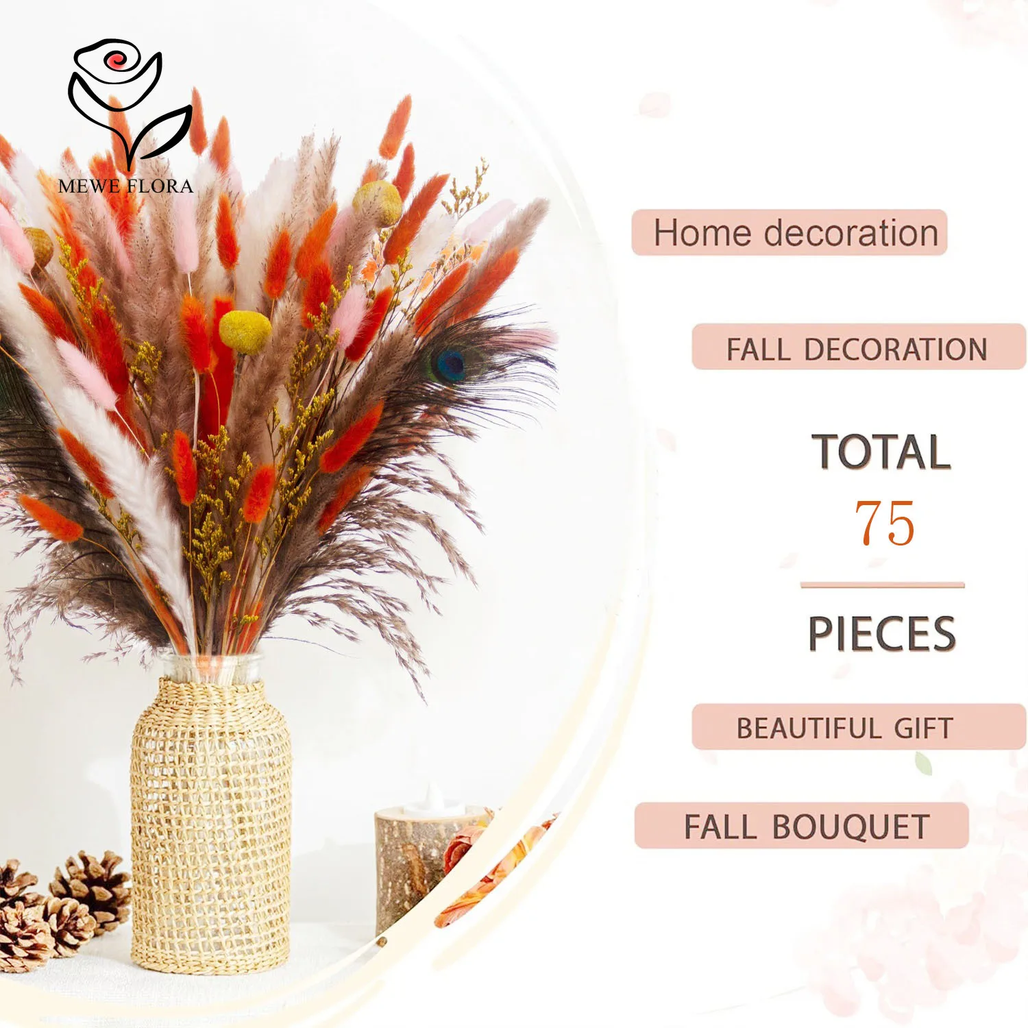 75pcs Fluffy Pampas Dried Flower Mix Bunny Rabbit Tail Bouquet Wedding Party Decor Pampa Lover Grass Home Vase Garden Decoration