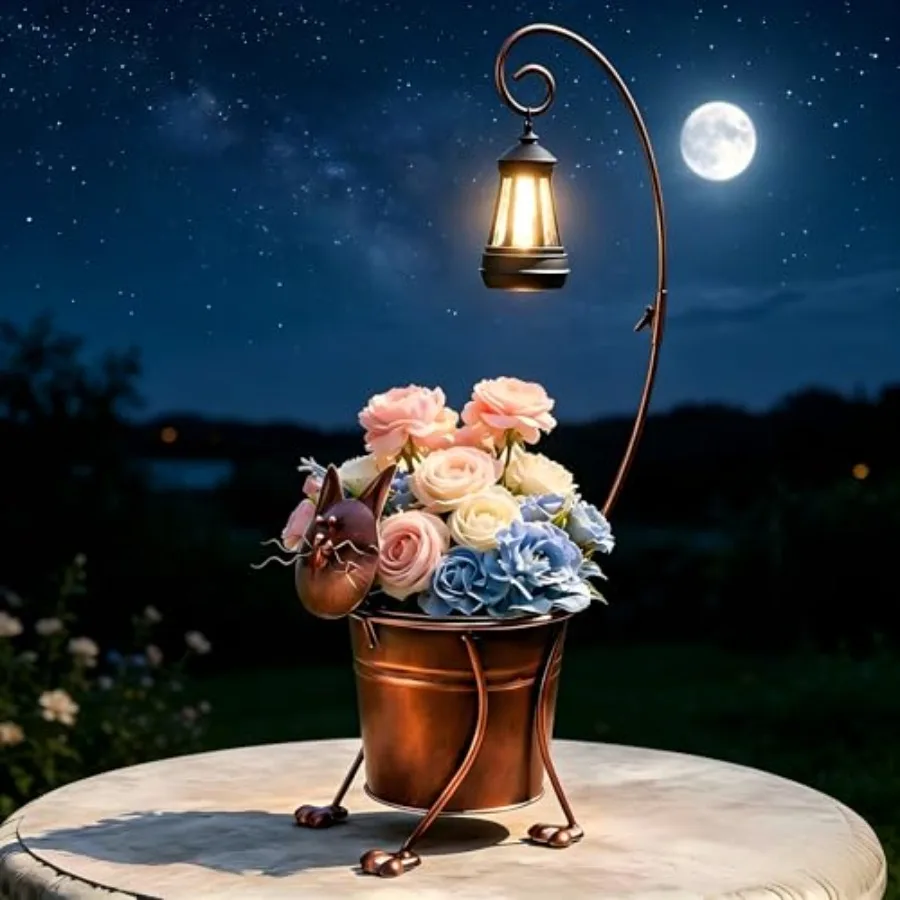 

Small Solar Lights Outdoor with Flowerpot, Planters for Outdoor Plants Made of Metal, for Front Porch Decor, Garden, Yard